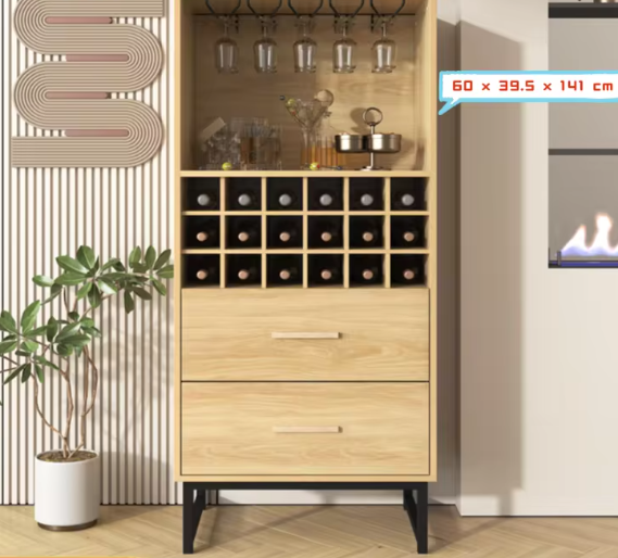 Moderne Wijnkast met 18 Vakken, Glazenhouder & Lades – Elegant Houten Dressoir met Zwarte Metalen Poten