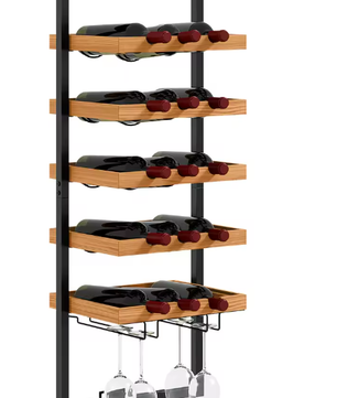 Wandmontage Wijnrek met 5 Planken en Glazenhouder – Massief Grenenhout & Staal