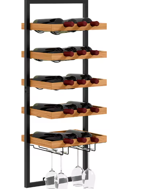 Wandmontage Wijnrek met 5 Planken en Glazenhouder – Massief Grenenhout & Staal
