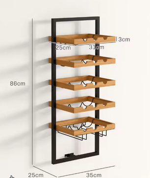 Wandmontage Wijnrek met 5 Planken en Glazenhouder – Massief Grenenhout & Staal