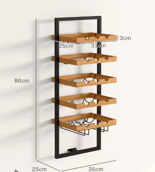 Wandmontage Wijnrek met 5 Planken en Glazenhouder – Massief Grenenhout & Staal