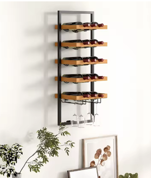 Wandmontage Wijnrek met 5 Planken en Glazenhouder – Massief Grenenhout & Staal