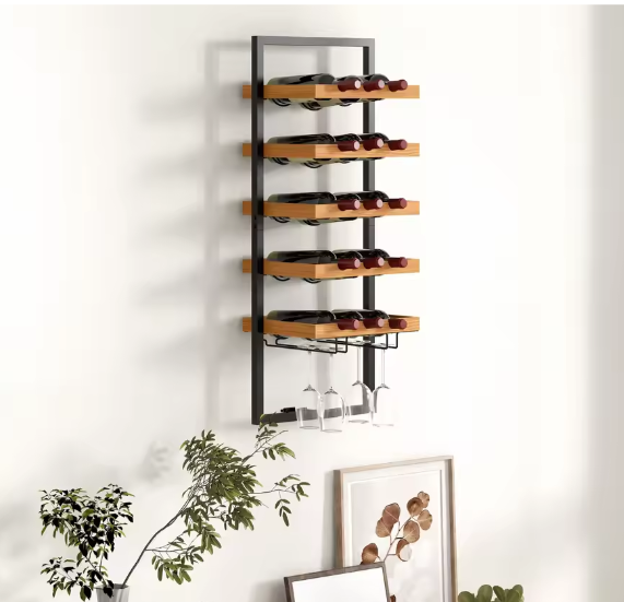 Wandmontage Wijnrek met 5 Planken en Glazenhouder – Massief Grenenhout & Staal