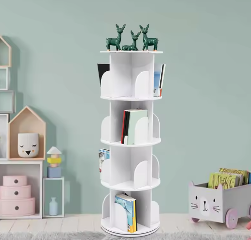 Roterende Boekenkast – 360° Draaibare PVC Houten Opbergkast met 4 Lagen, Scandinavisch Design