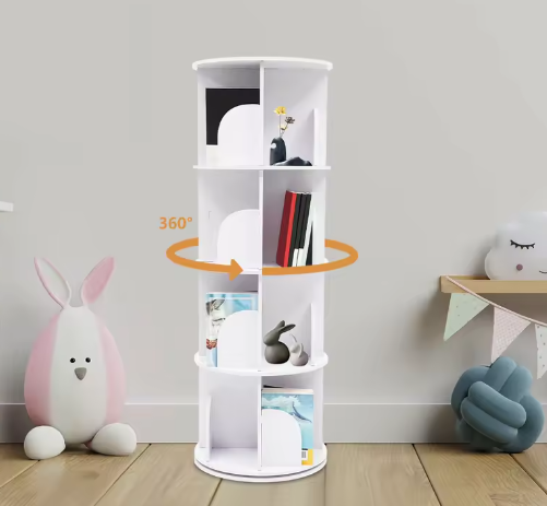 Roterende Boekenkast – 360° Draaibare PVC Houten Opbergkast met 4 Lagen, Scandinavisch Design