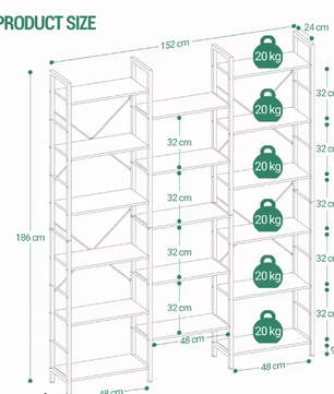 Industriële Boekenkast met 17 Planken – Verstelbare Open Kast met Metaal Frame, Modern en Ruim Ontwerp