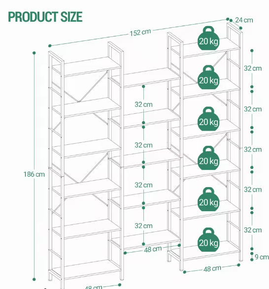 Industriële Boekenkast met 17 Planken – Verstelbare Open Kast met Metaal Frame, Modern en Ruim Ontwerp