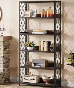 Industriële Boekenplank met 5 Lagen – Hoge Open Boekenkast met X-frame en Verstelbare Voeten, Modern Design voor Woonkamer en Kantoor