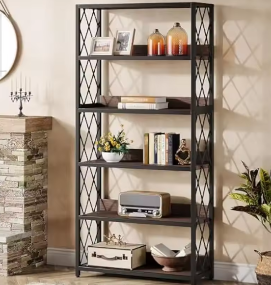Industriële Boekenplank met 5 Lagen – Hoge Open Boekenkast met X-frame en Verstelbare Voeten, Modern Design voor Woonkamer en Kantoor