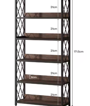 Industriële Boekenplank met 5 Lagen – Hoge Open Boekenkast met X-frame en Verstelbare Voeten, Modern Design voor Woonkamer en Kantoor