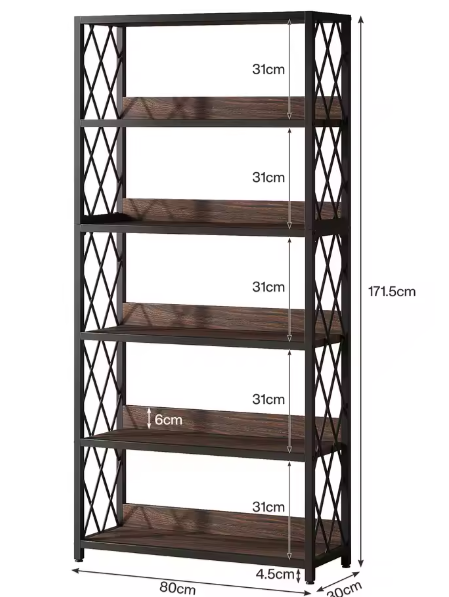 Industriële Boekenplank met 5 Lagen – Hoge Open Boekenkast met X-frame en Verstelbare Voeten, Modern Design voor Woonkamer en Kantoor