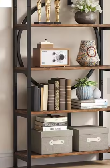 Industriële Boekenplank met 5 Lagen – Hoge Open Boekenkast met X-frame en Verstelbare Voeten, Modern Design voor Woonkamer en Kantoor