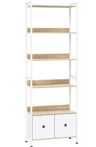 Vloerstaande Boekenkast met 5 Planken – Industriële Opbergkast met Laden, Metalen Frame & Haken, Functioneel Ontwerp voor Woonkamer, Keuken of Kantoor