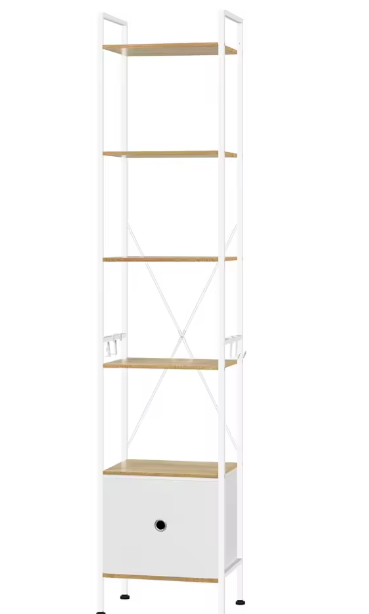 Vloerstaande Boekenkast met 5 Planken – Industriële Opbergkast met Laden, Metalen Frame & Haken, Functioneel Ontwerp voor Woonkamer, Keuken of Kantoor