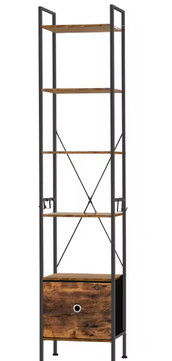Vloerstaande Boekenkast met 5 Planken – Industriële Opbergkast met Laden, Metalen Frame & Haken, Functioneel Ontwerp voor Woonkamer, Keuken of Kantoor