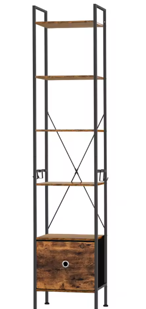 Vloerstaande Boekenkast met 5 Planken – Industriële Opbergkast met Laden, Metalen Frame & Haken, Functioneel Ontwerp voor Woonkamer, Keuken of Kantoor