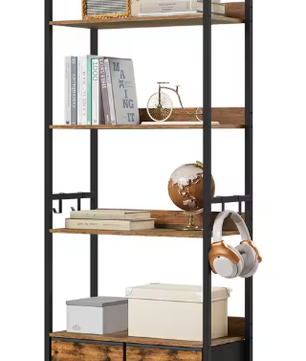 Vloerstaande Boekenkast met 5 Planken – Industriële Opbergkast met Laden, Metalen Frame & Haken, Functioneel Ontwerp voor Woonkamer, Keuken of Kantoor