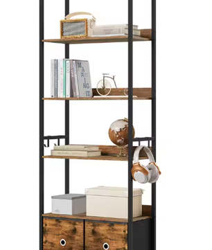 Vloerstaande Boekenkast met 5 Planken – Industriële Opbergkast met Laden, Metalen Frame & Haken, Functioneel Ontwerp voor Woonkamer, Keuken of Kantoor