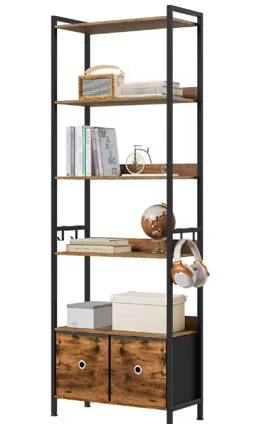 Vloerstaande Boekenkast met 5 Planken – Industriële Opbergkast met Laden, Metalen Frame & Haken, Functioneel Ontwerp voor Woonkamer, Keuken of Kantoor