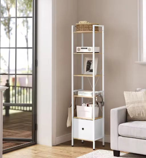 Vloerstaande Boekenkast met 5 Planken – Industriële Opbergkast met Laden, Metalen Frame & Haken, Functioneel Ontwerp voor Woonkamer, Keuken of Kantoor