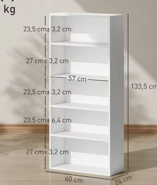 Boekenkast met 5 planken – Witte opbergkast van duurzaam melaminehout met verstelbare planken en anti-kantel beveiliging voor thuis of kantoor