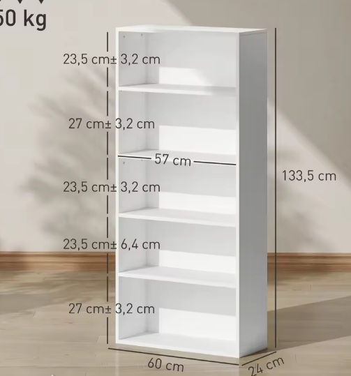 Boekenkast met 5 planken – Witte opbergkast van duurzaam melaminehout met verstelbare planken en anti-kantel beveiliging voor thuis of kantoor
