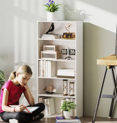 Boekenkast met 5 planken – Witte opbergkast van duurzaam melaminehout met verstelbare planken en anti-kantel beveiliging voor thuis of kantoor