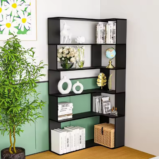 5-Laags Massief Hout Hoekboekenplank met LED-Lichtstrip – Multifunctionele Open Plank voor Woonkamer en Studeerkamer