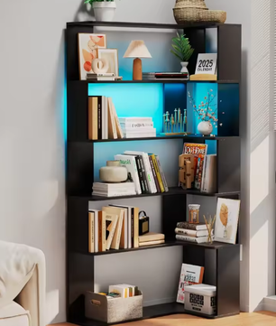 5-Laags Massief Hout Hoekboekenplank met LED-Lichtstrip – Multifunctionele Open Plank voor Woonkamer en Studeerkamer
