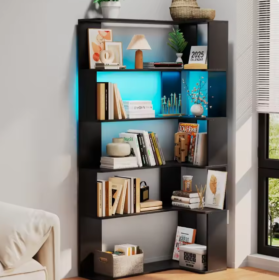 5-Laags Massief Hout Hoekboekenplank met LED-Lichtstrip – Multifunctionele Open Plank voor Woonkamer en Studeerkamer