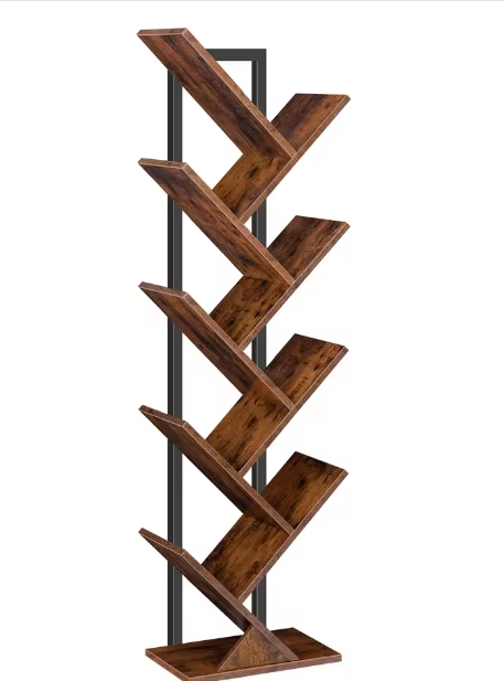 9-Laags Boomvormige Boekenkast – Hoge Vrijstaande Boekenplank met Houten Planken voor Cd's, Albums en Decoratie in Woonkamer, Slaapkamer en Thuiskantoor