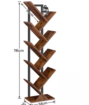 9-Laags Boomvormige Boekenkast – Hoge Vrijstaande Boekenplank met Houten Planken voor Cd's, Albums en Decoratie in Woonkamer, Slaapkamer en Thuiskantoor