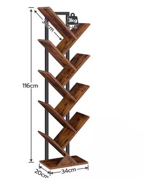 9-Laags Boomvormige Boekenkast – Hoge Vrijstaande Boekenplank met Houten Planken voor Cd's, Albums en Decoratie in Woonkamer, Slaapkamer en Thuiskantoor
