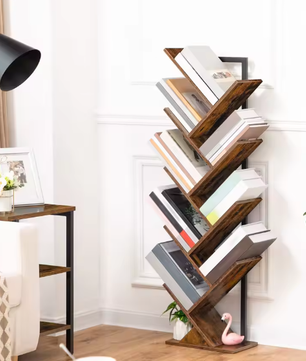 9-Laags Boomvormige Boekenkast – Hoge Vrijstaande Boekenplank met Houten Planken voor Cd's, Albums en Decoratie in Woonkamer, Slaapkamer en Thuiskantoor