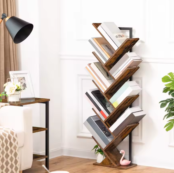 9-Laags Boomvormige Boekenkast – Hoge Vrijstaande Boekenplank met Houten Planken voor Cd's, Albums en Decoratie in Woonkamer, Slaapkamer en Thuiskantoor