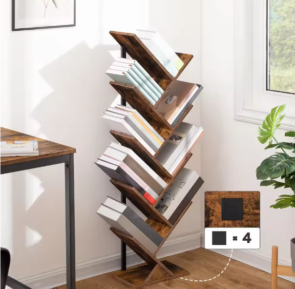 9-Laags Boomvormige Boekenkast – Hoge Vrijstaande Boekenplank met Houten Planken voor Cd's, Albums en Decoratie in Woonkamer, Slaapkamer en Thuiskantoor