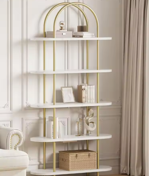 5-Laags Gebogen Boekenkast c180 m Hoog – Industriële Open Boekenplank met Houten Planken en Metalen Frame voor Woonkamer, Slaapkamer en Thuiskantoor