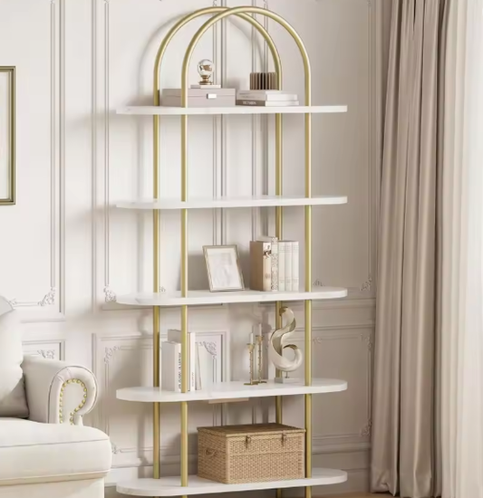 5-Laags Gebogen Boekenkast c180 m Hoog – Industriële Open Boekenplank met Houten Planken en Metalen Frame voor Woonkamer, Slaapkamer en Thuiskantoor