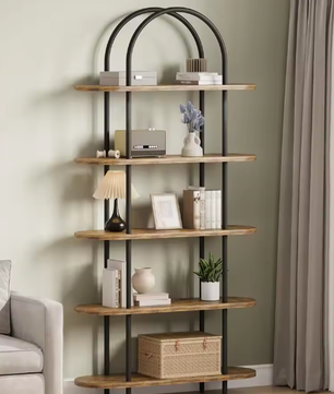 5-Laags Gebogen Boekenkast c180 m Hoog – Industriële Open Boekenplank met Houten Planken en Metalen Frame voor Woonkamer, Slaapkamer en Thuiskantoor