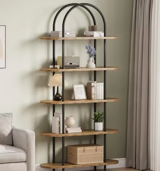 5-Laags Gebogen Boekenkast c180 m Hoog – Industriële Open Boekenplank met Houten Planken en Metalen Frame voor Woonkamer, Slaapkamer en Thuiskantoor