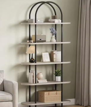 5-Laags Gebogen Boekenkast c180 m Hoog – Industriële Open Boekenplank met Houten Planken en Metalen Frame voor Woonkamer, Slaapkamer en Thuiskantoor