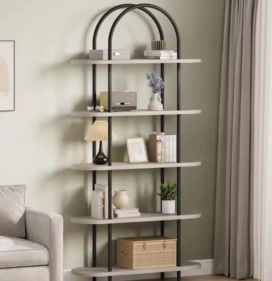 5-Laags Gebogen Boekenkast c180 m Hoog – Industriële Open Boekenplank met Houten Planken en Metalen Frame voor Woonkamer, Slaapkamer en Thuiskantoor