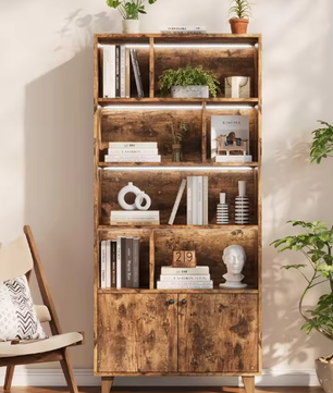 Houten Boekenkast met LED-Omgevingslicht en Dubbele Deuren – Grote Opbergruimte voor Woonkamer, Slaapkamer en Thuiskantoor, 80x30x173 cm