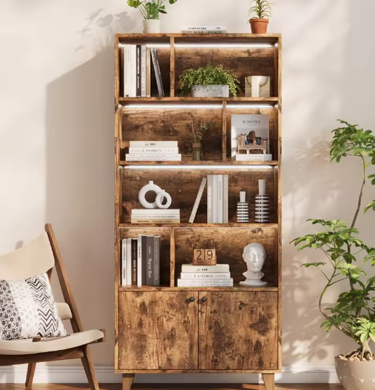 Houten Boekenkast met LED-Omgevingslicht en Dubbele Deuren – Grote Opbergruimte voor Woonkamer, Slaapkamer en Thuiskantoor, 80x30x173 cm