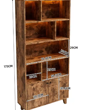 Houten Boekenkast met LED-Omgevingslicht en Dubbele Deuren – Grote Opbergruimte voor Woonkamer, Slaapkamer en Thuiskantoor, 80x30x173 cm