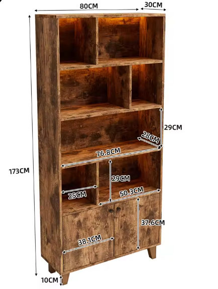 Houten Boekenkast met LED-Omgevingslicht en Dubbele Deuren – Grote Opbergruimte voor Woonkamer, Slaapkamer en Thuiskantoor, 80x30x173 cm