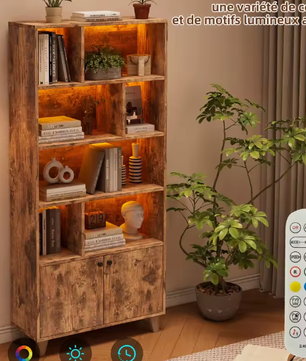 Houten Boekenkast met LED-Omgevingslicht en Dubbele Deuren – Grote Opbergruimte voor Woonkamer, Slaapkamer en Thuiskantoor, 80x30x173 cm