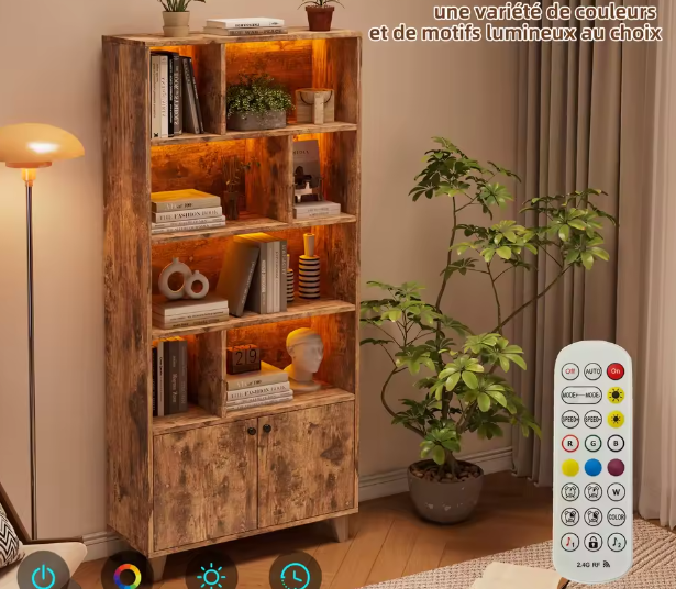 Houten Boekenkast met LED-Omgevingslicht en Dubbele Deuren – Grote Opbergruimte voor Woonkamer, Slaapkamer en Thuiskantoor, 80x30x173 cm