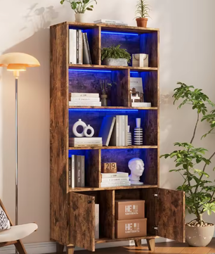 Houten Boekenkast met LED-Omgevingslicht en Dubbele Deuren – Grote Opbergruimte voor Woonkamer, Slaapkamer en Thuiskantoor, 80x30x173 cm
