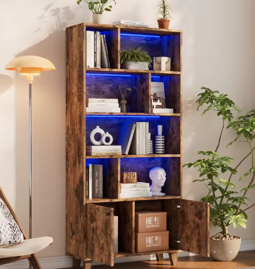 Houten Boekenkast met LED-Omgevingslicht en Dubbele Deuren – Grote Opbergruimte voor Woonkamer, Slaapkamer en Thuiskantoor, 80x30x173 cm